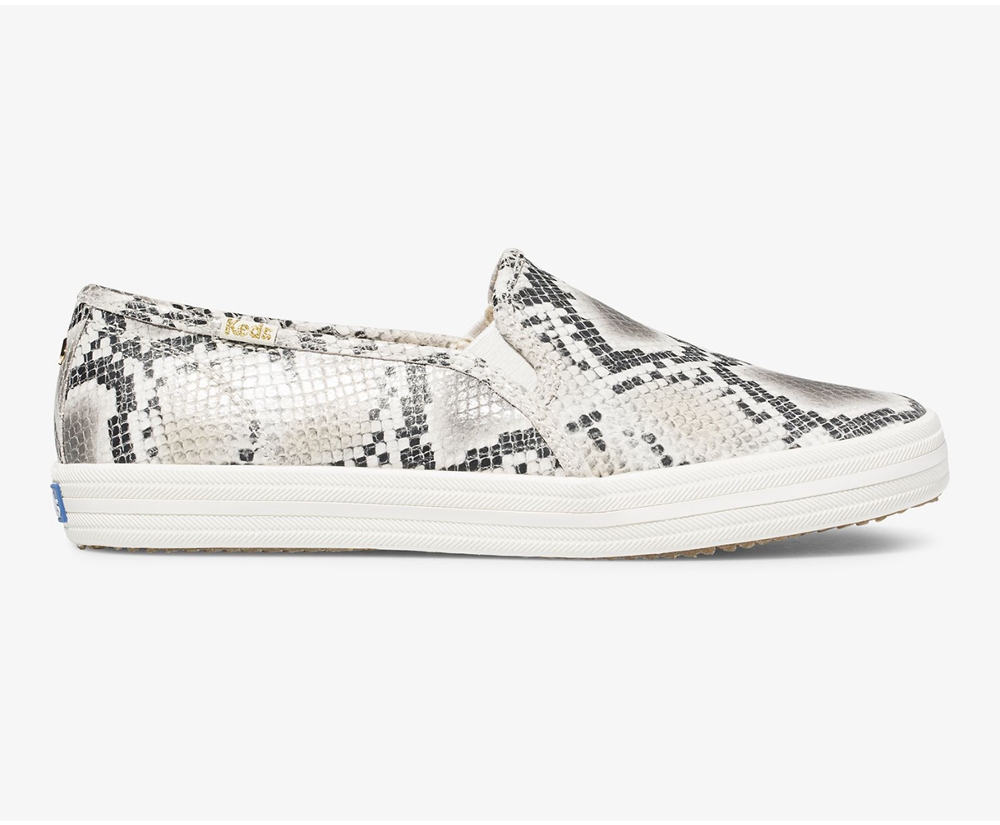 Slip Ons Keds Femme Blanche/Noir - Kate Spade New York Double Decker Snake Cuir - 043-DOJBFH